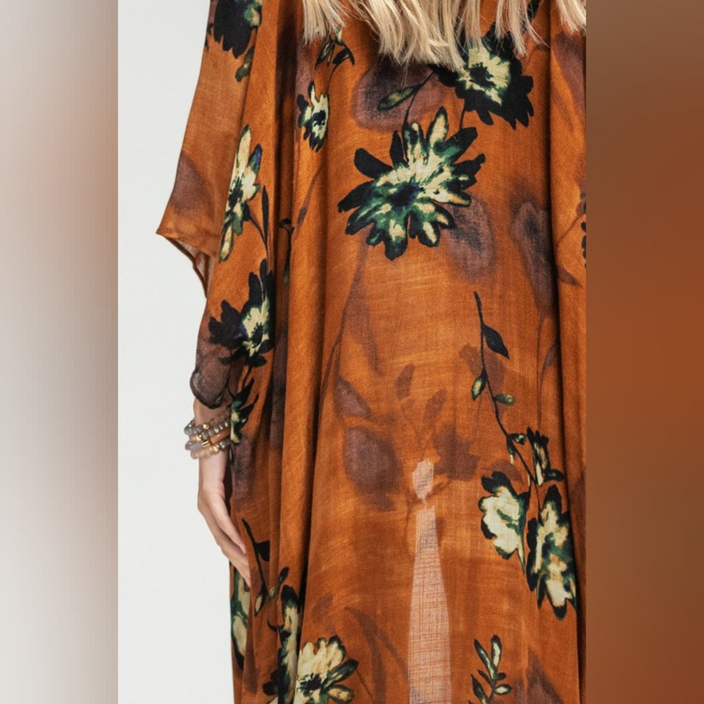 Bohemian Rust Floral Print Kimono w/ Side Slits - Rich Deep Colors