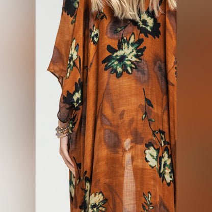 Bohemian Rust Floral Print Kimono w/ Side Slits - Rich Deep Colors