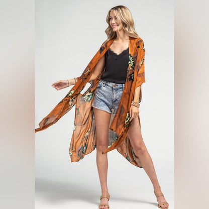 Bohemian Rust Floral Print Kimono w/ Side Slits - Rich Deep Colors