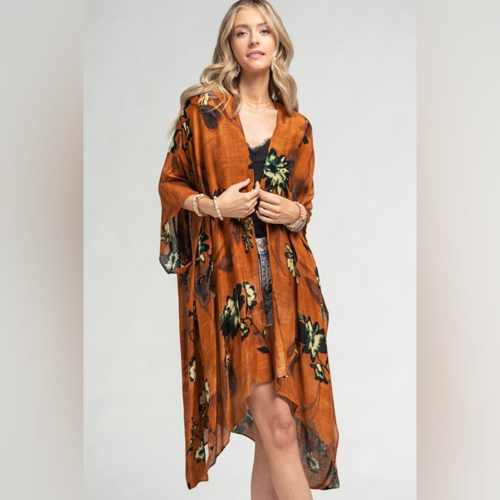 Bohemian Rust Floral Print Kimono w/ Side Slits - Rich Deep Colors