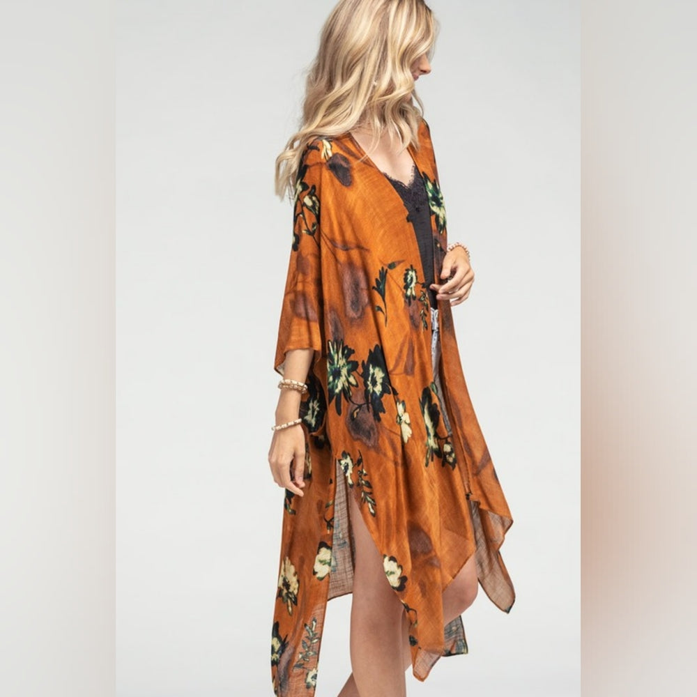 Bohemian Rust Floral Print Kimono w/ Side Slits - Rich Deep Colors