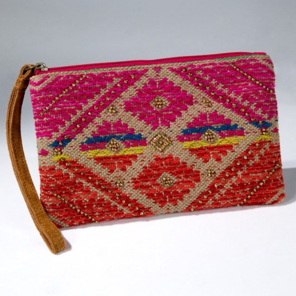 Handmade Hand Beaded Wristlet Clutch - Ethnic Inspired Design - Dyed Fine Cotton