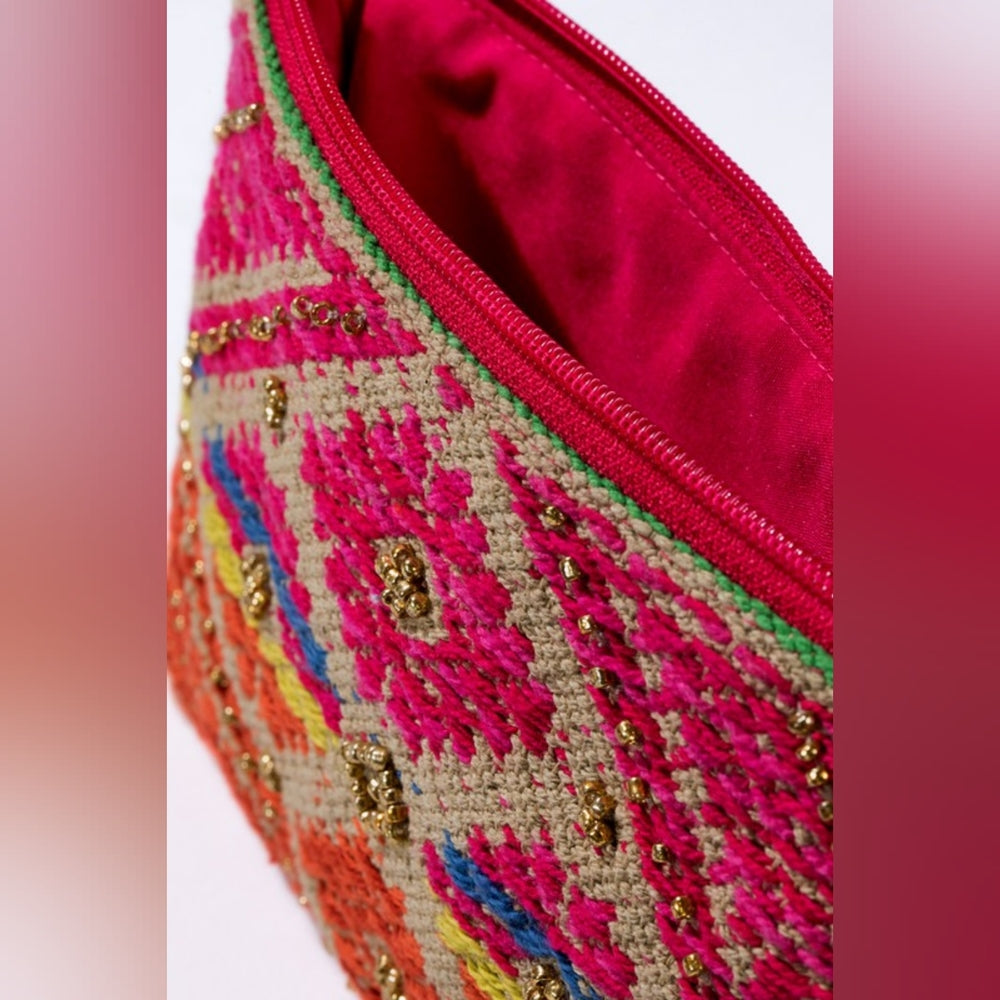 Handmade Hand Beaded Wristlet Clutch - Ethnic Inspired Design - Dyed Fine Cotton