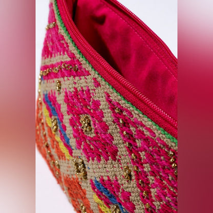 Handmade Hand Beaded Wristlet Clutch - Ethnic Inspired Design - Dyed Fine Cotton