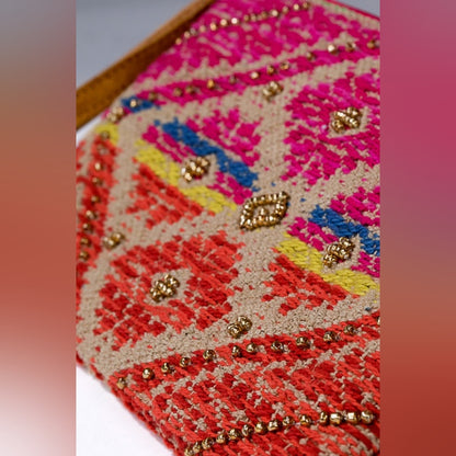 Handmade Hand Beaded Wristlet Clutch - Ethnic Inspired Design - Dyed Fine Cotton