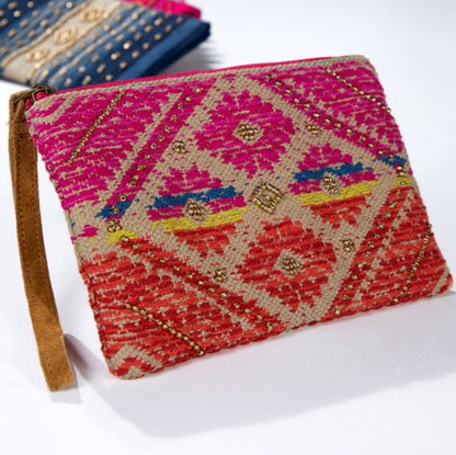 Handmade Hand Beaded Wristlet Clutch - Ethnic Inspired Design - Dyed Fine Cotton