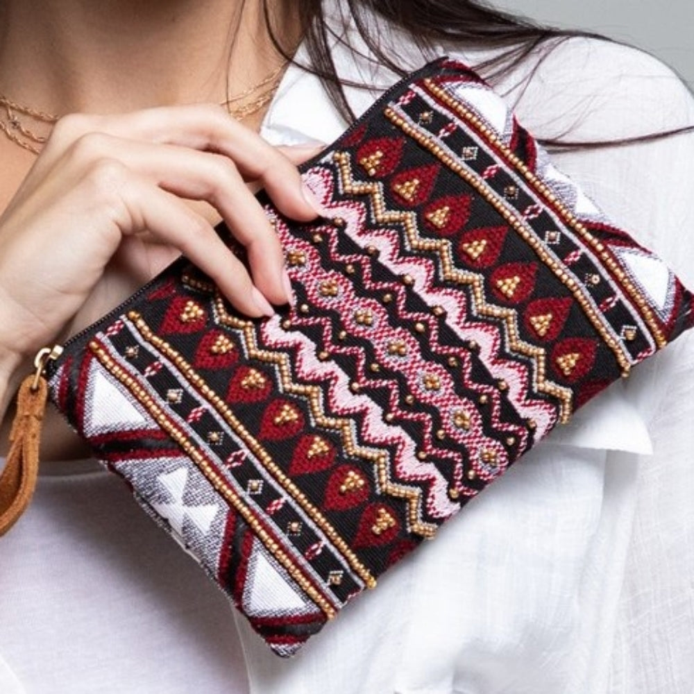 Handmade Hand Beaded Wristlet Clutch - Ethnic Inspired Design - Dyed Fine Cotton