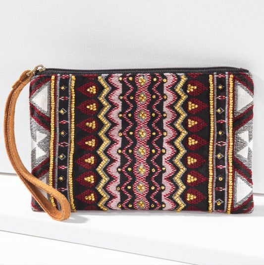 Handmade Hand Beaded Wristlet Clutch - Ethnic Inspired Design - Dyed Fine Cotton