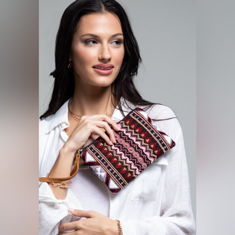 Handmade Hand Beaded Wristlet Clutch - Ethnic Inspired Design - Dyed Fine Cotton
