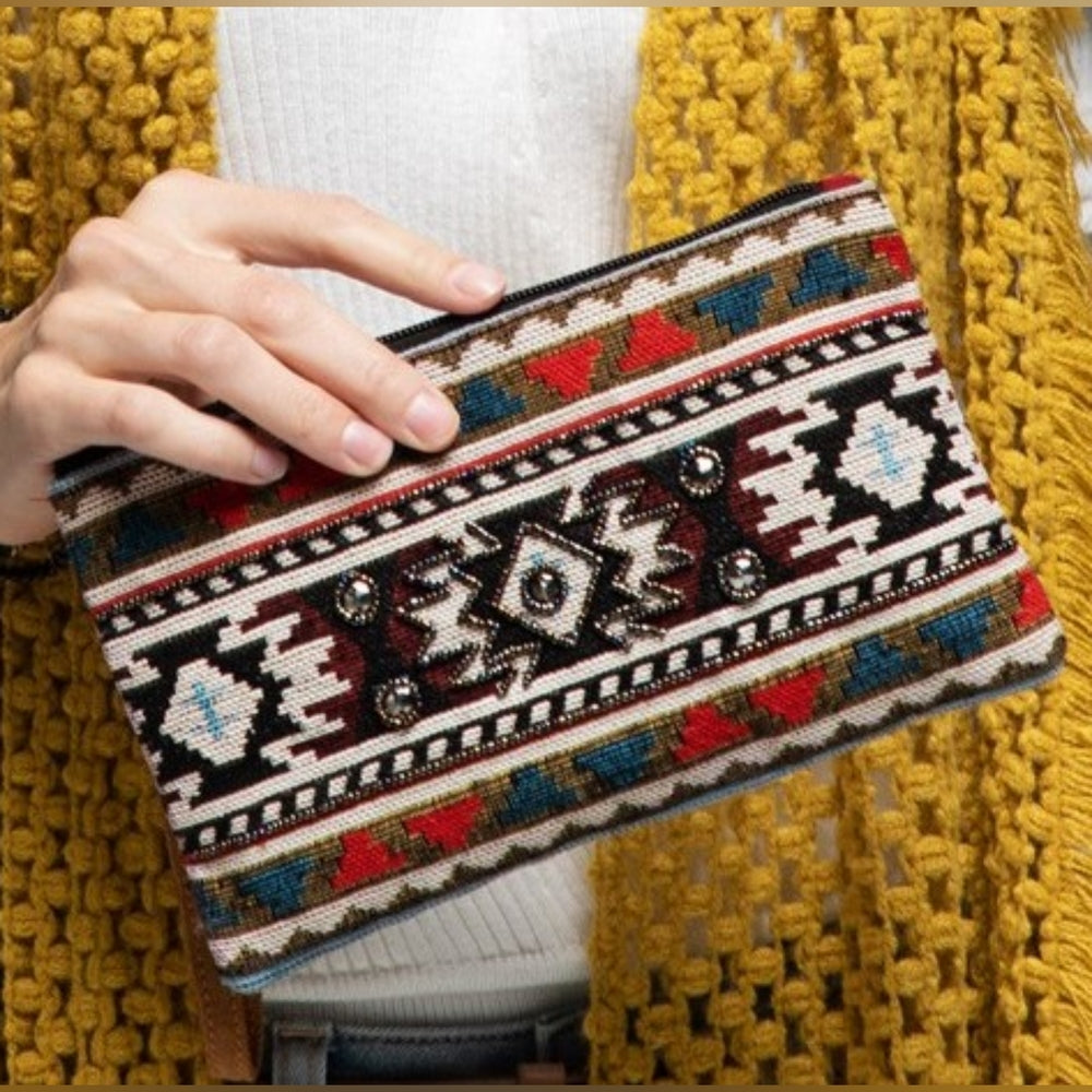 Handmade Hand Beaded Wristlet Clutch - Ethnic Inspired Design - Dyed Fine Cotton