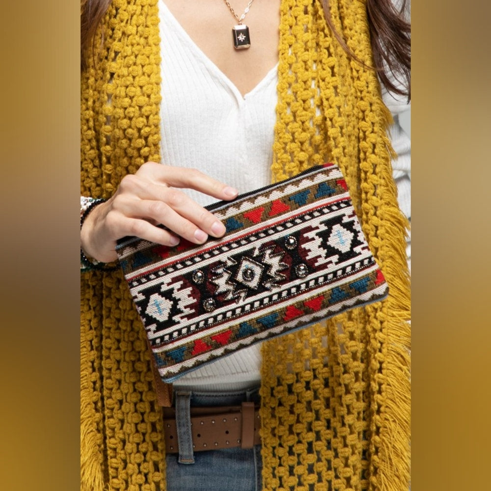 Handmade Hand Beaded Wristlet Clutch - Ethnic Inspired Design - Dyed Fine Cotton