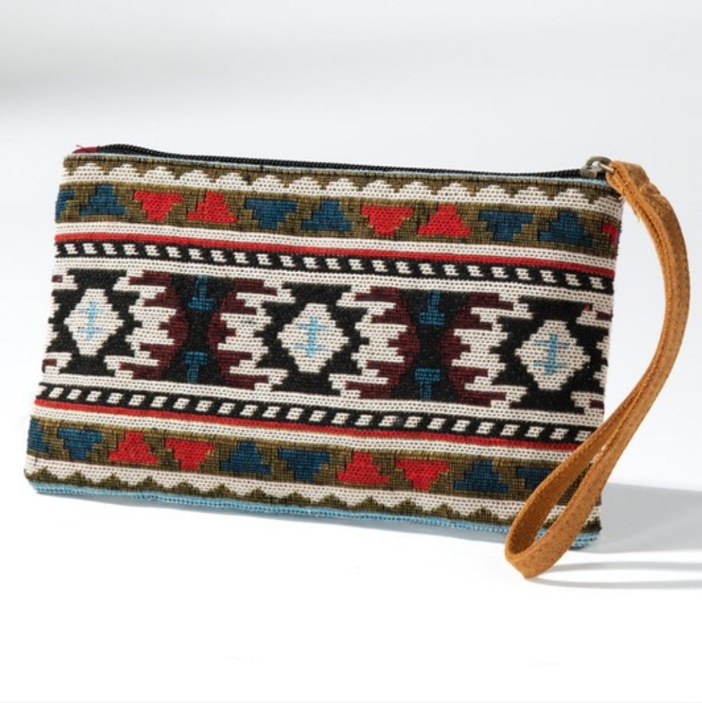 Handmade Hand Beaded Wristlet Clutch - Ethnic Inspired Design - Dyed Fine Cotton