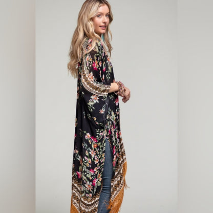 Bohemian Floral Print Kimono / Duster - Fine Golden Fringe Tassels - Side Slits