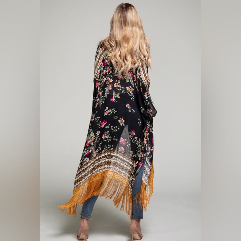 Bohemian Floral Print Kimono / Duster - Fine Golden Fringe Tassels - Side Slits
