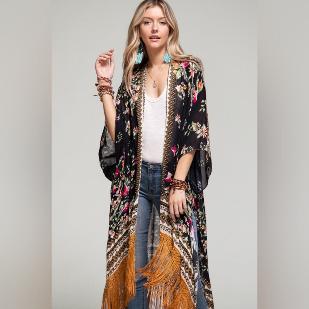 Bohemian Floral Print Kimono / Duster - Fine Golden Fringe Tassels - Side Slits