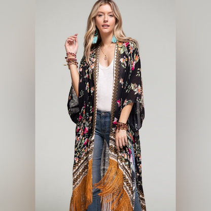 Bohemian Floral Print Kimono / Duster - Fine Golden Fringe Tassels - Side Slits