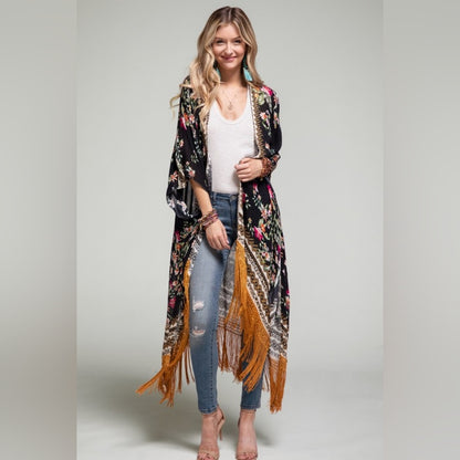 Bohemian Floral Print Kimono / Duster - Fine Golden Fringe Tassels - Side Slits