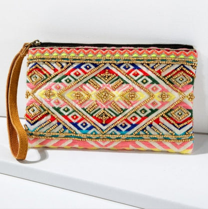 Handmade Hand Beaded Wristlet Clutch - Ethnic Inspired Design - Dyed Fine Cotton