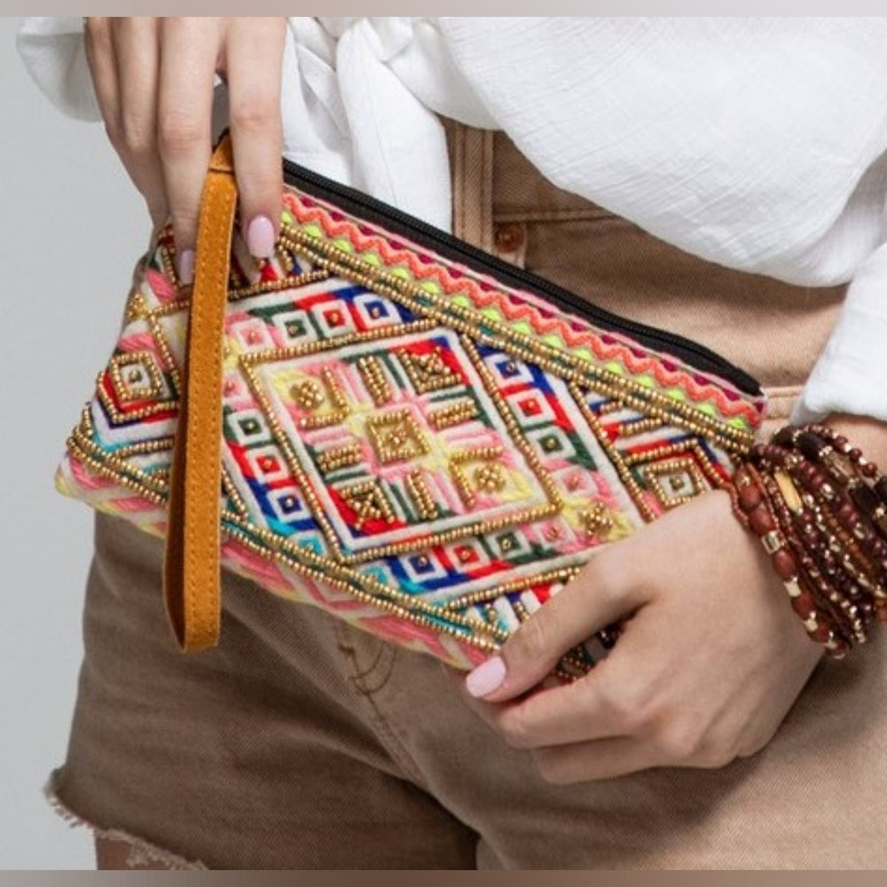 Handmade Hand Beaded Wristlet Clutch - Ethnic Inspired Design - Dyed Fine Cotton