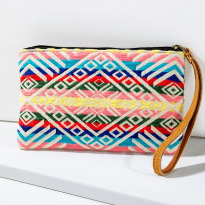 Handmade Hand Beaded Wristlet Clutch - Ethnic Inspired Design - Dyed Fine Cotton
