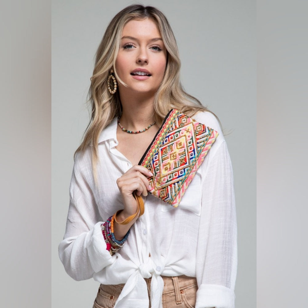 Handmade Hand Beaded Wristlet Clutch - Ethnic Inspired Design - Dyed Fine Cotton