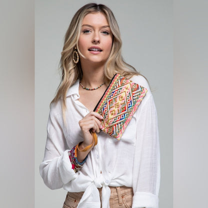 Handmade Hand Beaded Wristlet Clutch - Ethnic Inspired Design - Dyed Fine Cotton