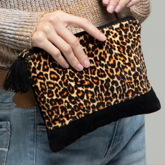 Luxurious Fine Cotton Pouch - Velvet Leopard Print w/ Fine Thread Tassel Accent