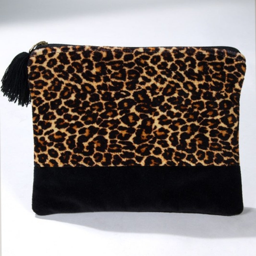 Luxurious Fine Cotton Pouch - Velvet Leopard Print w/ Fine Thread Tassel Accent