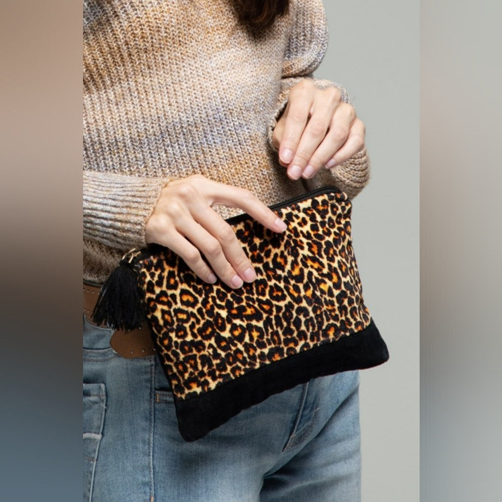 Luxurious Fine Cotton Pouch - Velvet Leopard Print w/ Fine Thread Tassel Accent