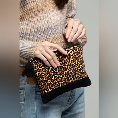 Luxurious Fine Cotton Pouch - Velvet Leopard Print w/ Fine Thread Tassel Accent