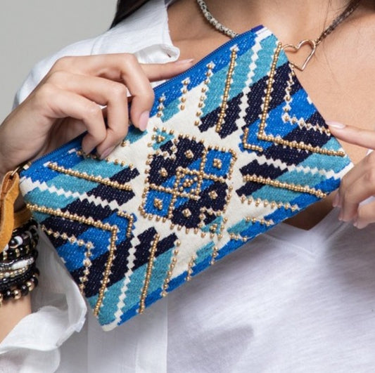 Handmade Hand Beaded Wristlet Clutch - Ethnic Inspired Design - Dyed Fine Cotton