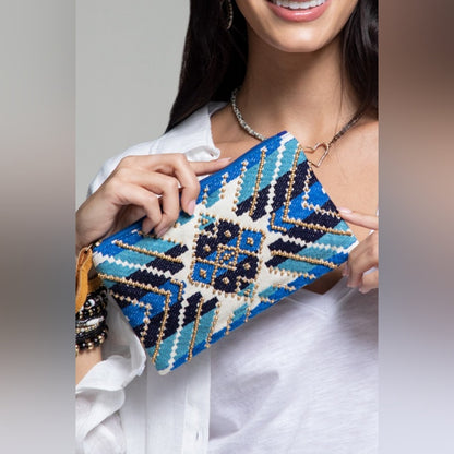 Handmade Hand Beaded Wristlet Clutch - Ethnic Inspired Design - Dyed Fine Cotton