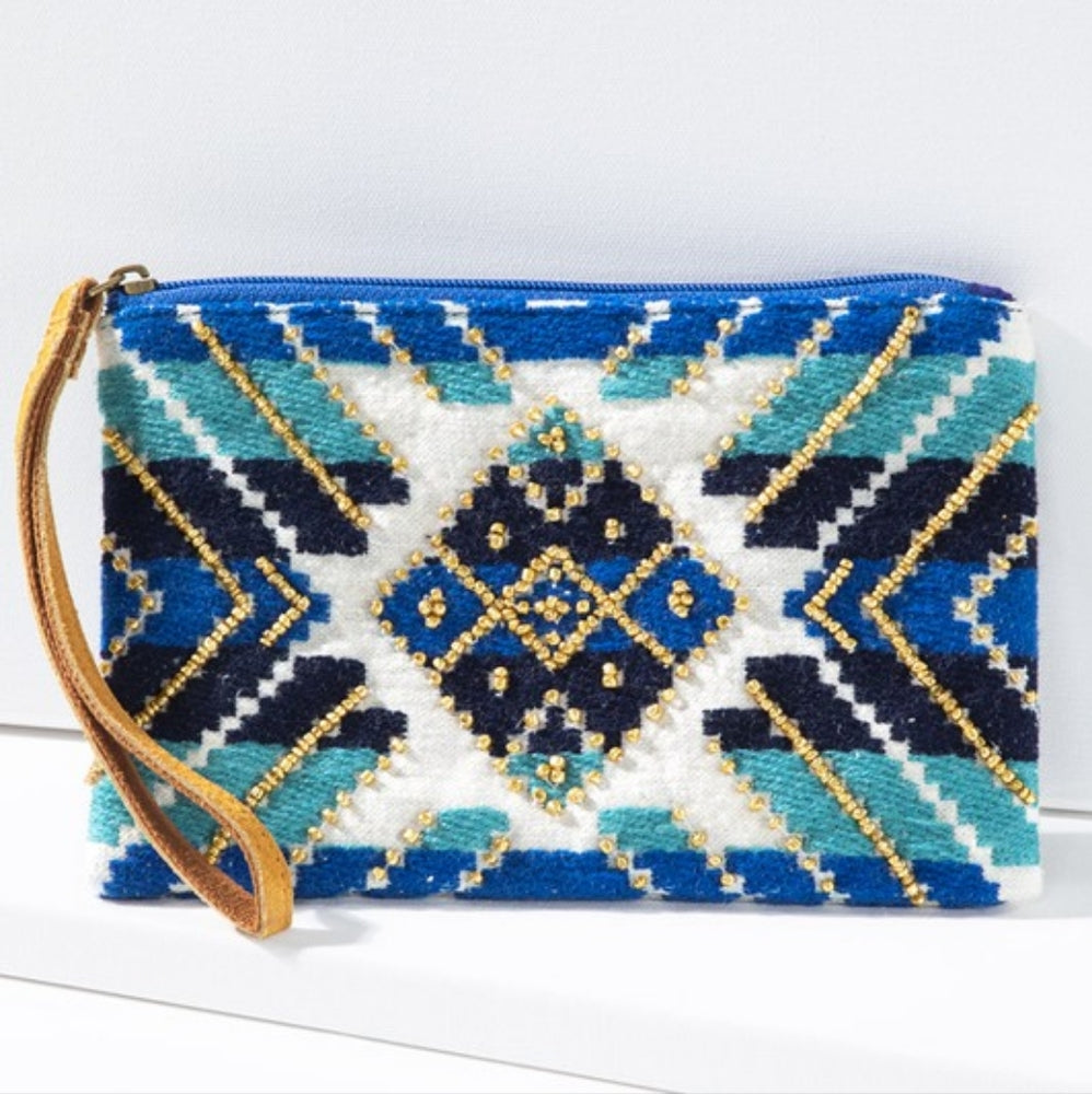 Handmade Hand Beaded Wristlet Clutch - Ethnic Inspired Design - Dyed Fine Cotton