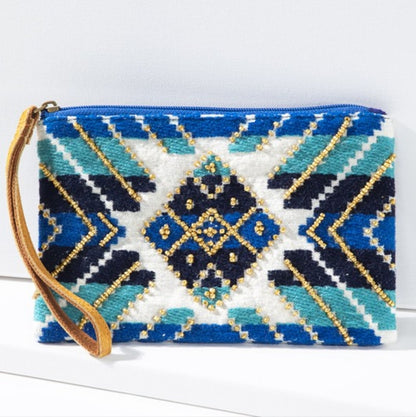 Handmade Hand Beaded Wristlet Clutch - Ethnic Inspired Design - Dyed Fine Cotton