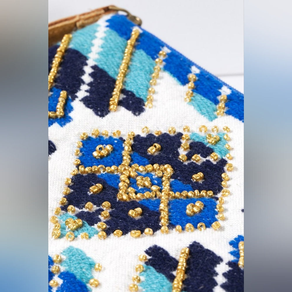 Handmade Hand Beaded Wristlet Clutch - Ethnic Inspired Design - Dyed Fine Cotton