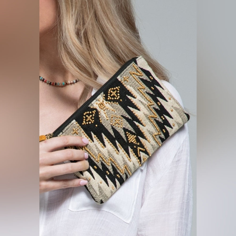 Handmade Hand Beaded Wristlet Clutch - Ethnic Inspired Design - Dyed Fine Cotton