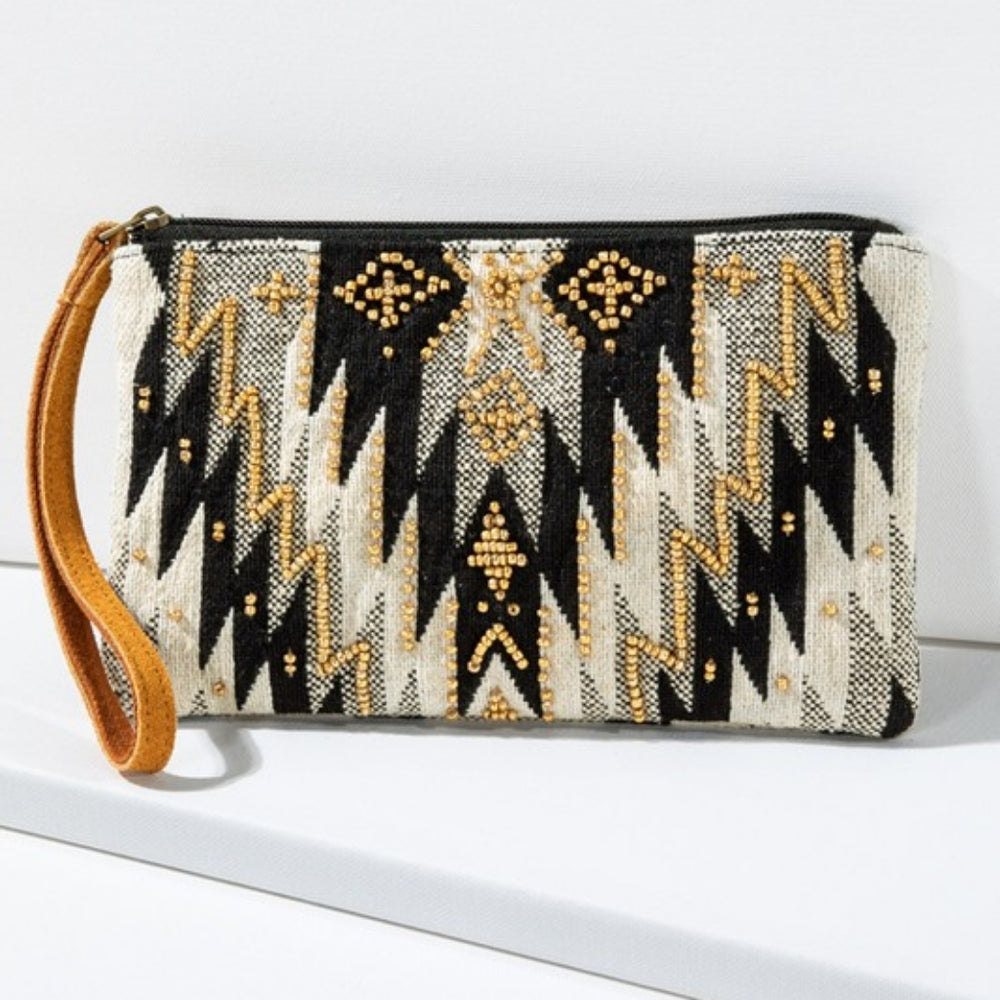 Handmade Hand Beaded Wristlet Clutch - Ethnic Inspired Design - Dyed Fine Cotton