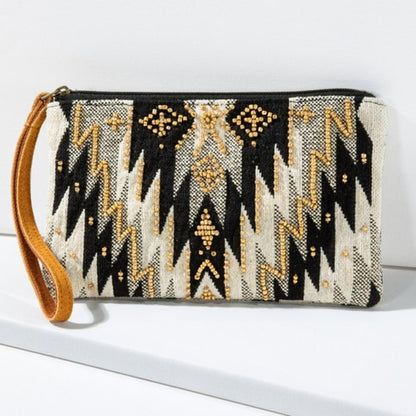 Handmade Hand Beaded Wristlet Clutch - Ethnic Inspired Design - Dyed Fine Cotton