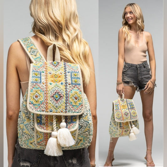Boho Chic Backpack - Ethnic Inspired Pattern - Hand Beaded Accents - Fine Cotton