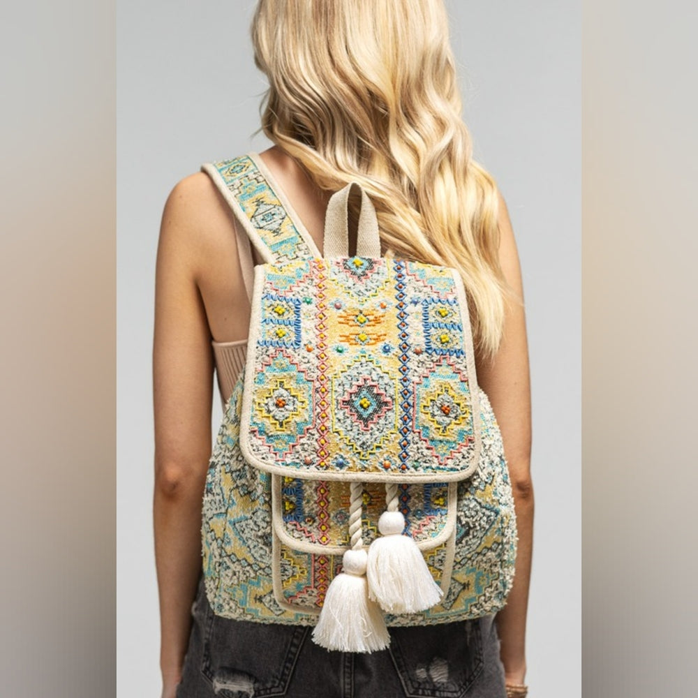 Boho Chic Backpack - Ethnic Inspired Pattern - Hand Beaded Accents - Fine Cotton