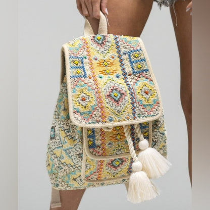 Boho Chic Backpack - Ethnic Inspired Pattern - Hand Beaded Accents - Fine Cotton
