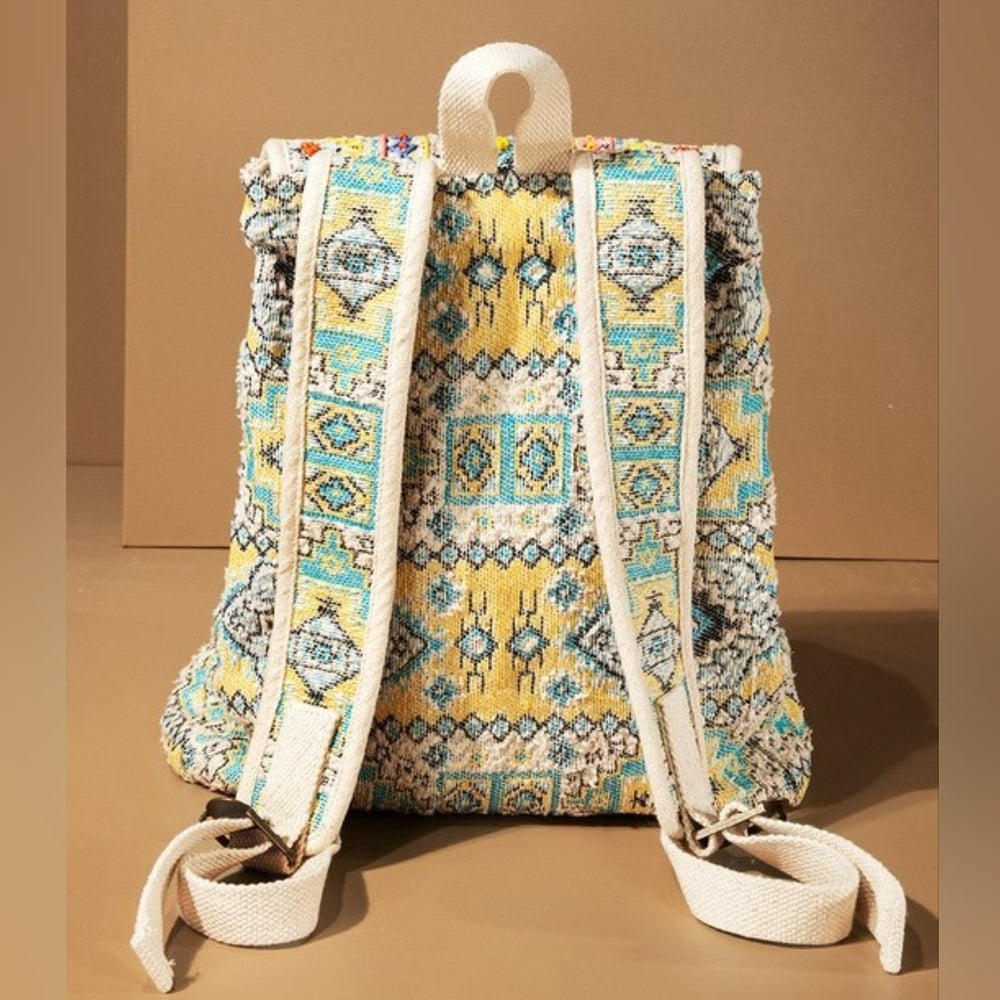 Boho Chic Backpack - Ethnic Inspired Pattern - Hand Beaded Accents - Fine Cotton