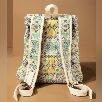 Boho Chic Backpack - Ethnic Inspired Pattern - Hand Beaded Accents - Fine Cotton