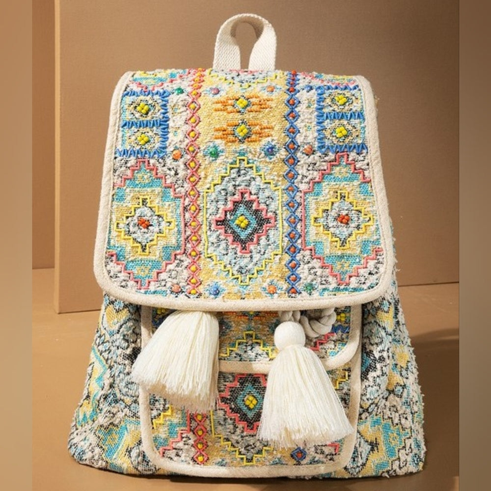 Boho Chic Backpack - Ethnic Inspired Pattern - Hand Beaded Accents - Fine Cotton