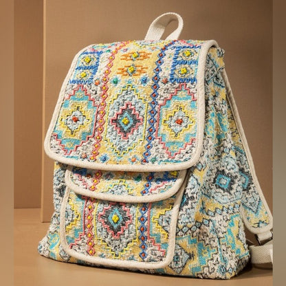 Boho Chic Backpack - Ethnic Inspired Pattern - Hand Beaded Accents - Fine Cotton