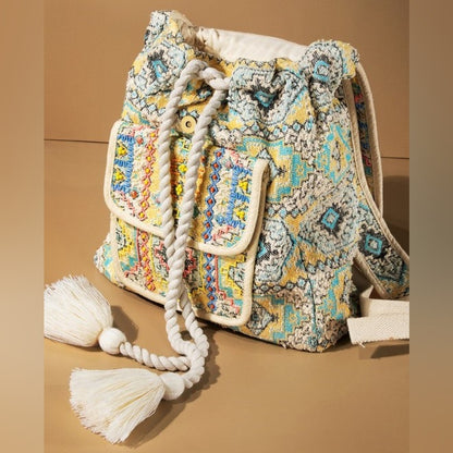 Boho Chic Backpack - Ethnic Inspired Pattern - Hand Beaded Accents - Fine Cotton