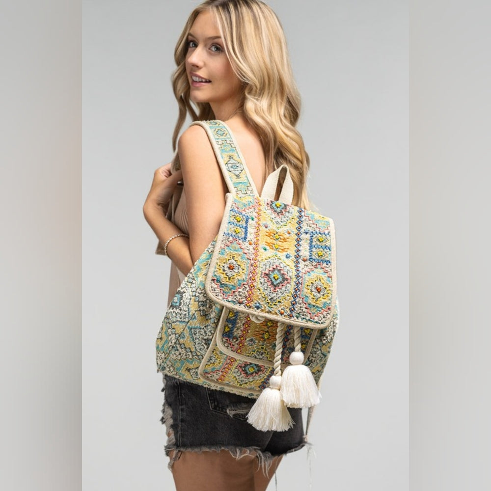 Boho Chic Backpack - Ethnic Inspired Pattern - Hand Beaded Accents - Fine Cotton
