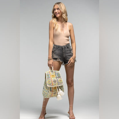Boho Chic Backpack - Ethnic Inspired Pattern - Hand Beaded Accents - Fine Cotton