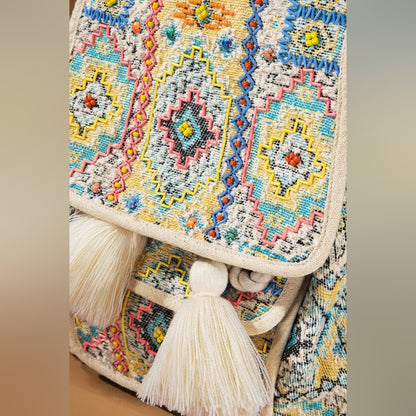 Boho Chic Backpack - Ethnic Inspired Pattern - Hand Beaded Accents - Fine Cotton