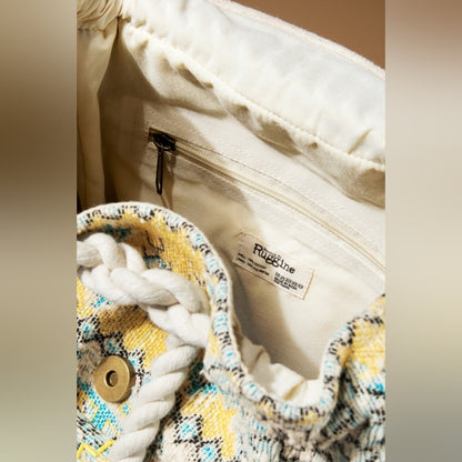 Boho Chic Backpack - Ethnic Inspired Pattern - Hand Beaded Accents - Fine Cotton